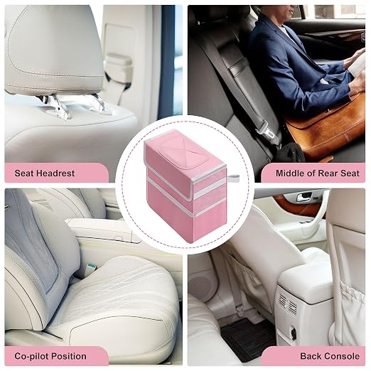 Healsmart 2 Gallon Car Trash Can Lid and Storage Pockets, Leak-Proof Collapsible and Portable Organizer, Multipurpose Garbage Bin with Adjustable Straps, Pink