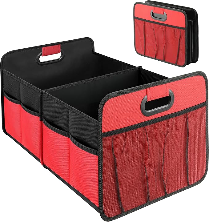 YSSOA 2 Compartments Car Trunk Organizer, 600D Oxford Polyester Car Storage, Anti-slip 14" D x 22" W x 12" H Collapsible Trunk Storage, Suitable for SUV, Minivan, Truck, Red New