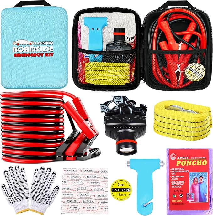 Auto Emergency Kits Vehicles with Jumper Cables headlamp Car Safety Kits | Car Emergency Roadside Tool Kit Tow Straps, Safety Hammer, Rainwear, Multi-tool Kit, Breakdowns Gifts for New Drivers