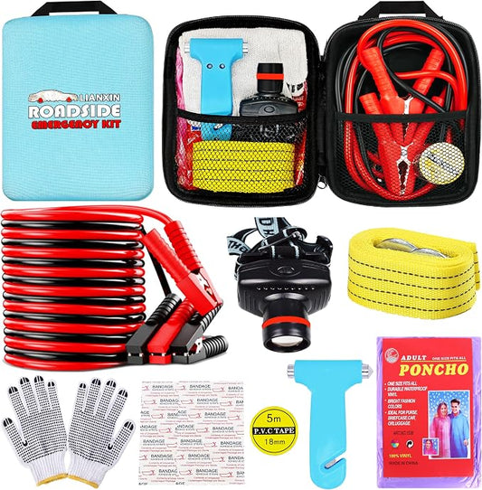 Auto Emergency Kits Vehicles with Jumper Cables headlamp Car Safety Kits | Car Emergency Roadside Tool Kit Tow Straps, Safety Hammer, Rainwear, Multi-tool Kit, Breakdowns Gifts for New Drivers