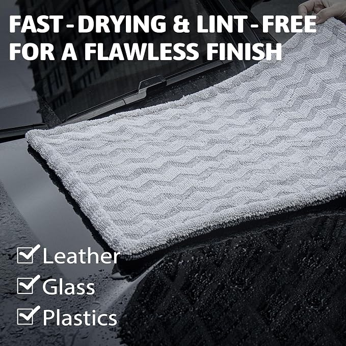 Greenfound 1000GSM Car Drying Towel 18"x24", Edgeless Double Twist Pile, Ultra Absorbent Microfiber Towel, Scratch-Free Lint-Free Streak-Free for Auto Detailing & Car Wash – Wave Silver&Grey