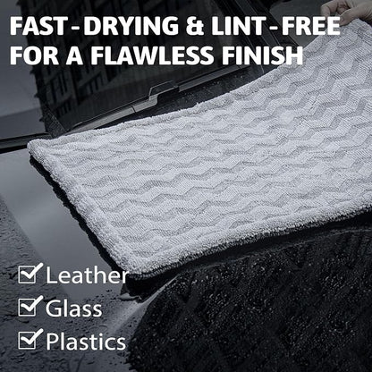 Greenfound 1000GSM Car Drying Towel 18"x24", Edgeless Double Twist Pile, Ultra Absorbent Microfiber Towel, Scratch-Free Lint-Free Streak-Free for Auto Detailing & Car Wash – Wave Silver&Grey