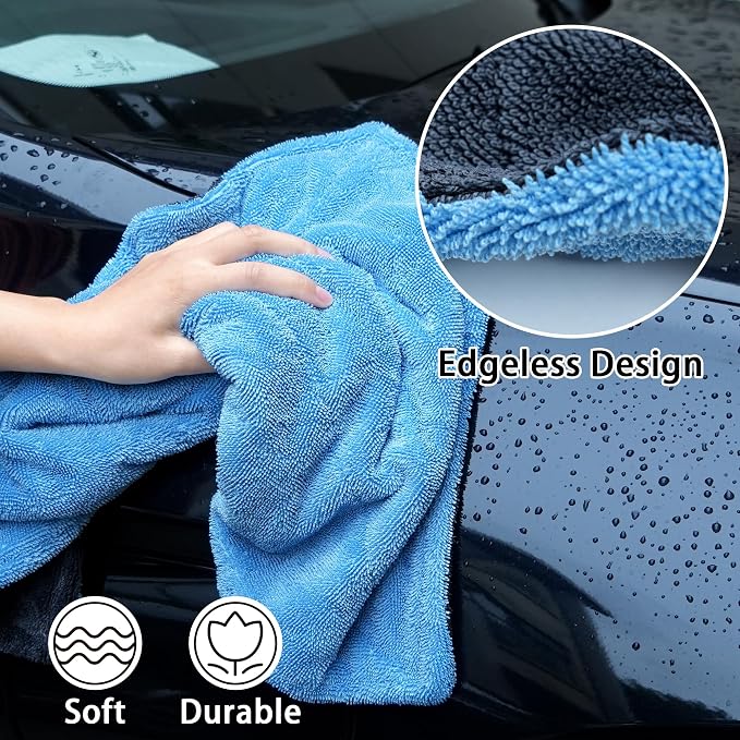 LIVOS 1000GSM Car Drying Towel, 18" x 24" Dual Sided Microfiber Towels for Cars, Ultra Absorbent Lint & Scratch-Free, Edgeless Twisted-Loop, Premium Wash Towel, Blue&Grey