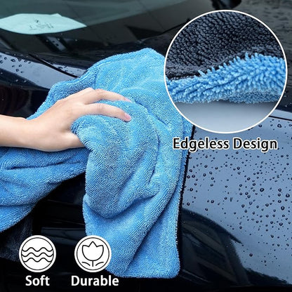 LIVOS 1000GSM Car Drying Towel, 18" x 24" Dual Sided Microfiber Towels for Cars, Ultra Absorbent Lint & Scratch-Free, Edgeless Twisted-Loop, Premium Wash Towel, Blue&Grey