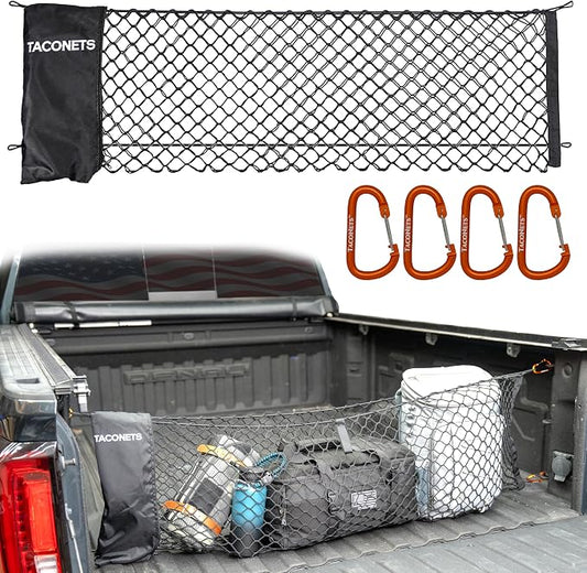 TacoNets Envelope Cargo Net for GMC Sierra & Chevy Silverado - Fits 2013-Current - Upgraded 5mm Bungee - Integrated Storage Bag - Heavy Duty Carabiners - Designed in USA