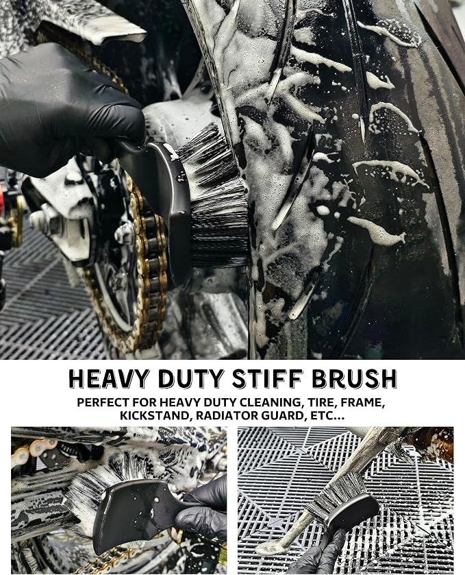 Motorcycle Cleaning Brush Kit 6 Pack, Easy Reach Brush, Chain Brush,Wool Wash Mitt, Stiff Tire Brush, Detailing Brush& Microfiber Towel for Motorcycle Mudguard, Rims,Exhaust, Frame Detailing Wash Kit