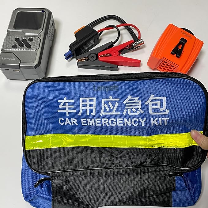 Lampelc Emergency auto Kits comprised of a Battery Charger and a Hand held Spotlight, Car Roadside Emergency Kit with Jumper Cables, Auto Vehicle Safety Road Side Assistance Kits