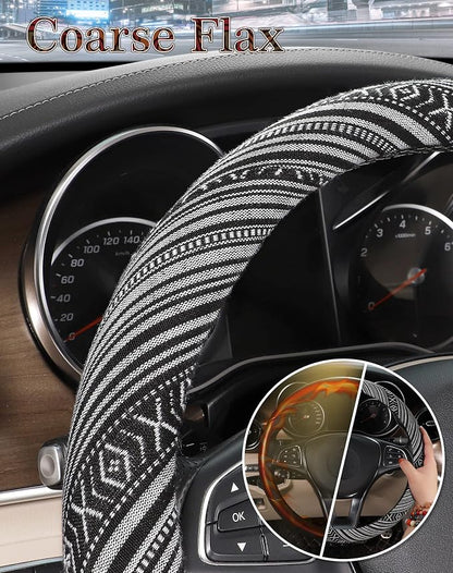 SEG Direct Boho Steering Wheel Cover with Baja Blanket Cloth, Ethnic Style Auto Wheel Cover Made of Coarse Flax, Fits 14 1/2-15 1/4 inches Car Wheel