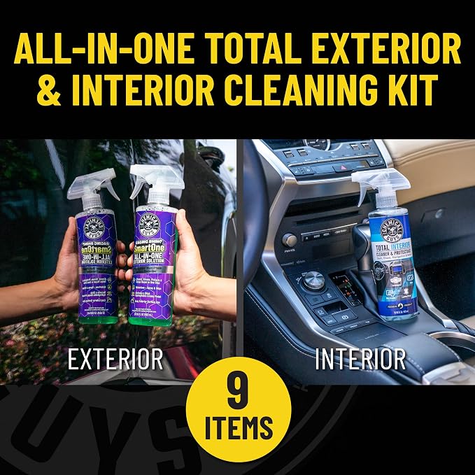 Chemical Guys Quick Detailing Kit With Storage Bag, Raging Rhino SmartOne Exterior Spray, Interior Cleaner, Tire Shine, Microfiber Towels, And Applicators Giftable Car Care Set