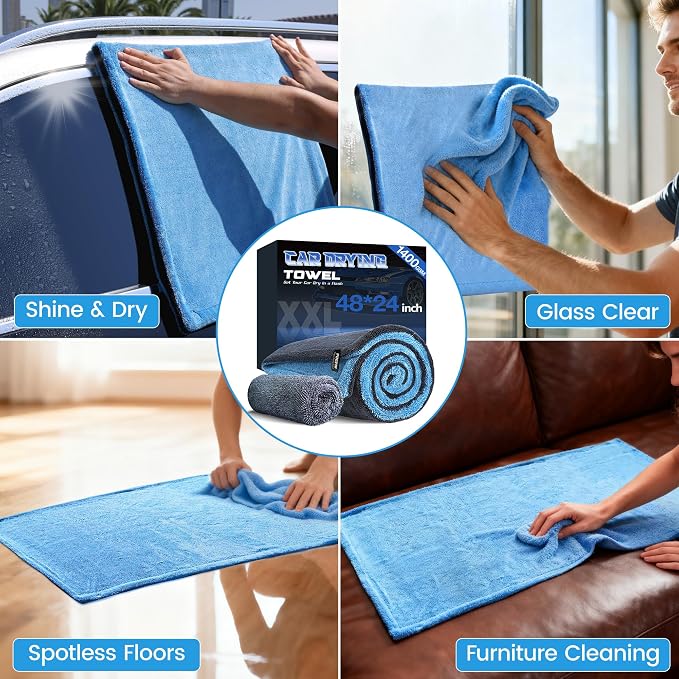 PUGPIU Microfiber Car Drying Towel Extra Large Super Absorbent 48"X24", 1400 GSM Flash Detail Car Wash Drying Towel Edgeless with Two Sided Soft Twisted-Loop, No Water Spots Streaks for Cars (Blue)