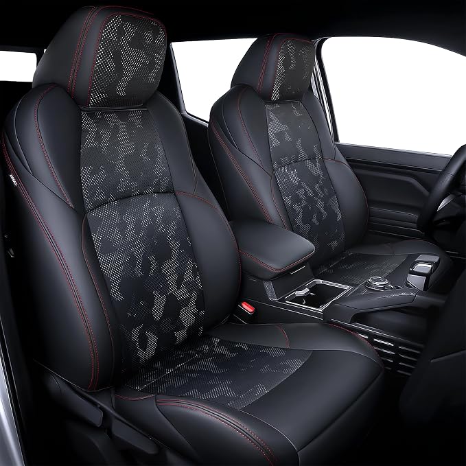 Carlimeki Leather Seat Covers Custom Fit for Tacoma Gen 4th (2024-2026) Double Cab, for SR, SR5, TRD PreRunner, TRD Sport, TRD Off-Road, Limited, Trailhunter - Armrest Covers Included - Fully Covered