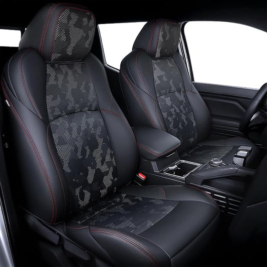 Carlimeki Leather Seat Covers Custom Fit for Tacoma Gen 4th (2024-2026) Double Cab, for SR, SR5, TRD PreRunner, TRD Sport, TRD Off-Road, Limited, Trailhunter - Armrest Covers Included - Fully Covered
