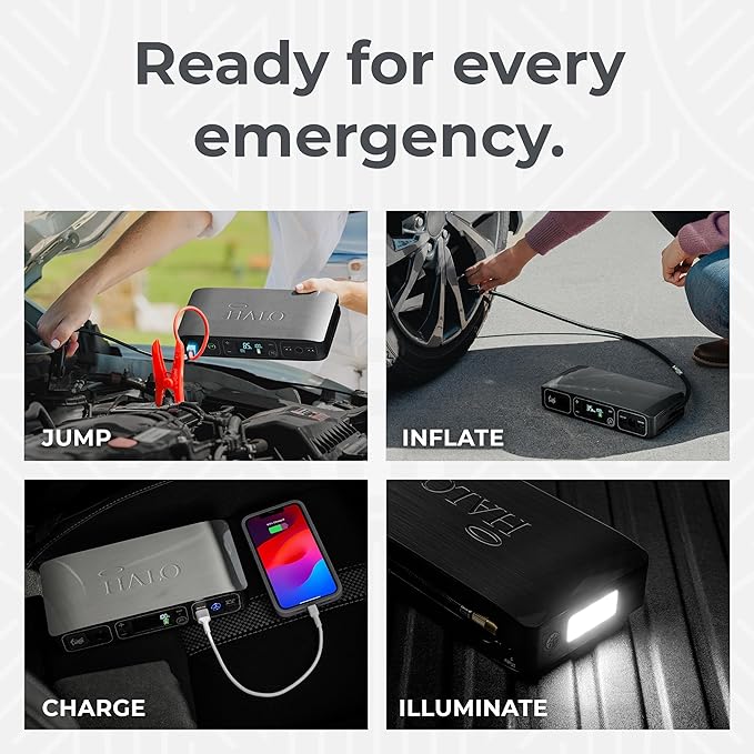 HALO Bolt Air 58830 Portable Car Battery Jump Starter | 100 PSI Air Compressor, 58.8Wh USB Power Bank, Emergency Floodlight & Charger, Jumps Cars SUVs & Trucks, Inflates Tires, TSA Approved — Gray