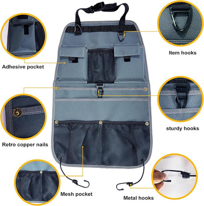 Car Seat Back Organizer with Multiple Storage Pockets, Black Mesh and Fabric, Universal Fit (grey)