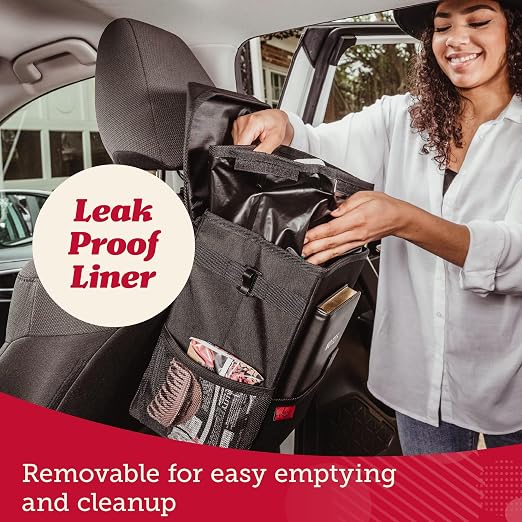 Lusso Gear Spill-Proof Car Trash Can (2 Pack) - Easy to Clean Hanging Garbage Bin - Leak-Proof, Removable Liner, Waterproof - Keeps Truck, SUV, Car, Minivan Clean & Odor Free (Black, Red Stitching)