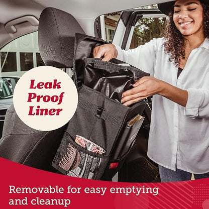 Lusso Gear Spill-Proof Car Trash Can (2 Pack) - Easy to Clean Hanging Garbage Bin - Leak-Proof, Removable Liner, Waterproof - Keeps Truck, SUV, Car, Minivan Clean & Odor Free (Black, Red Stitching)