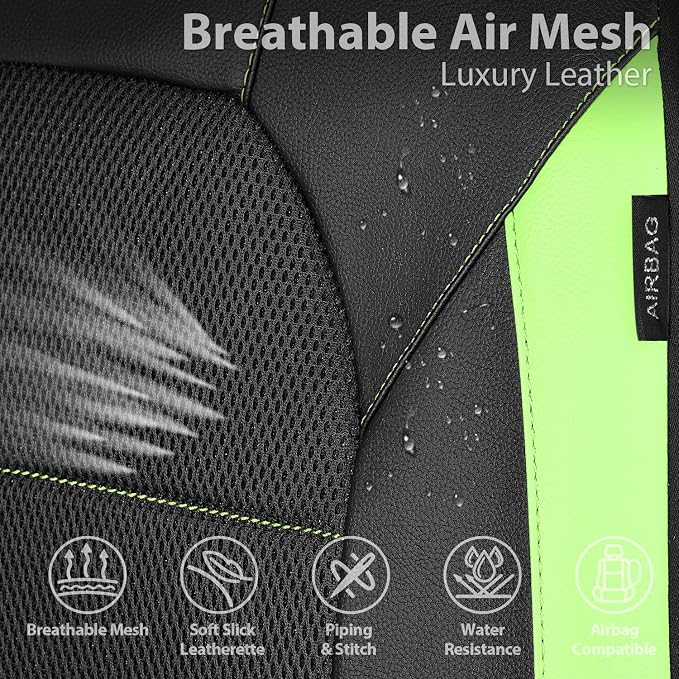 CAR PASS Leather Car Seat Covers Front Seats only, with Air Mesh Front Seat Covers Breathable, Cool Automotive Seat Covers 2 Pack, Universal Fit Most Cars,SUV,Truck,Van Airbag Compatible(Black Green)