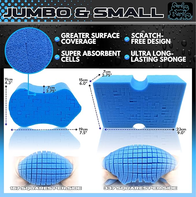 Sudz Budz® Premium Grid Car Wash Sponge 2pc Jumbo/Ergonomic | Anti-Marring Sponge for Soap and Rinseless Washing | Soft, Scratch-Free, Durable Foam. Cross-Cut Sponges for Cleaning and Detailing