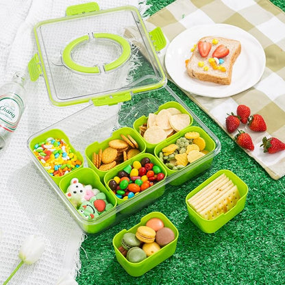 WACOI Divided Snack Serving Tray with Lid and Handle Travel Snackle Charcuterie Container Portable Storage Organizer for Candy, Fruits, Nuts, Snacks, Party, Picnic (1pack, Green)