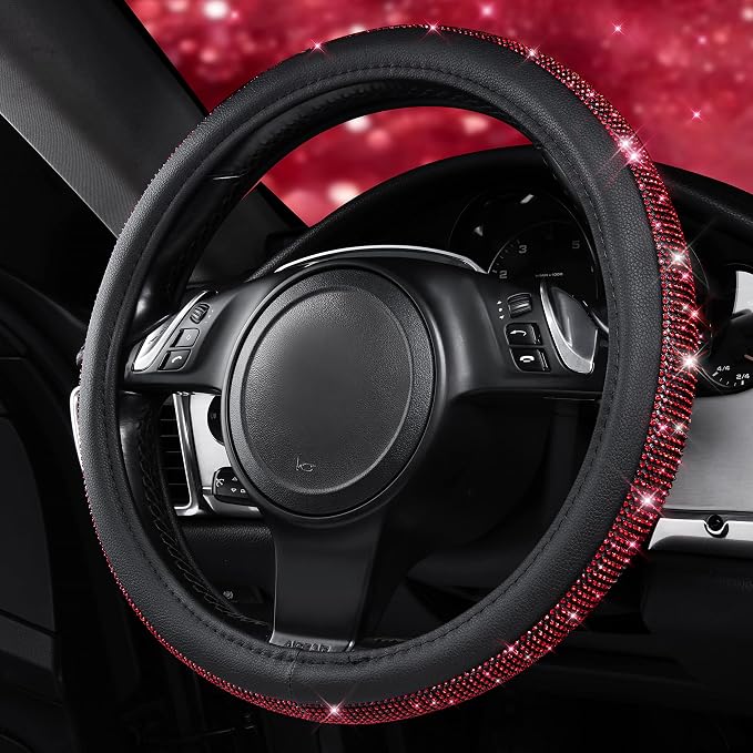 CAR PASS Red Diamond Black Leather Steering Wheel Cover, with Bling Crystal Rhinestones Universal Fit 14" 1/2-15" Crystal Glitter for Women Sparkle Girl Fit Suvs,Vans,Sedans,Cars,Trucks, Red Diamond