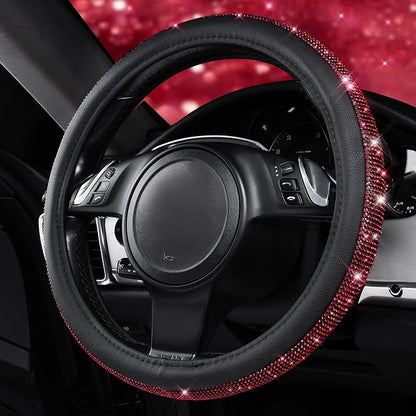 CAR PASS Red Diamond Black Leather Steering Wheel Cover, with Bling Crystal Rhinestones Universal Fit 14" 1/2-15" Crystal Glitter for Women Sparkle Girl Fit Suvs,Vans,Sedans,Cars,Trucks, Red Diamond
