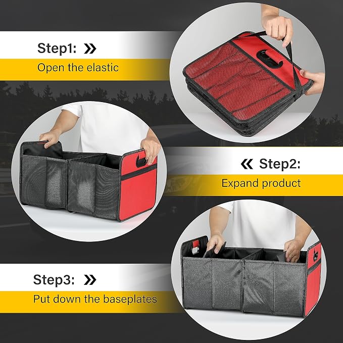 YSSOA 2 Compartments Car Trunk Organizer, 600D Oxford Polyester Car Storage, Anti-slip 14" D x 22" W x 12" H Collapsible Trunk Storage, Suitable for SUV, Minivan, Truck, Red New