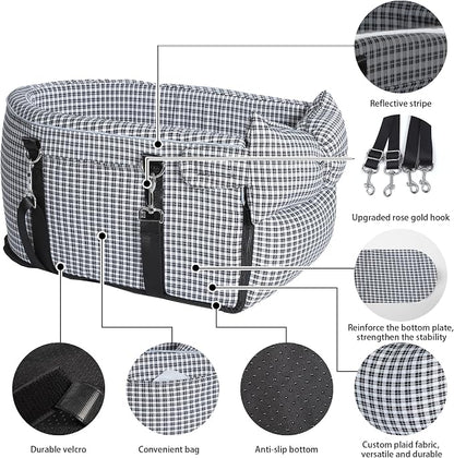 Center Console Dog Car Seat Dog Bed for Car Console Portable Armrest Booster Seat Carrier for Small Medium Dogs Anti-Collapse for Puppy Pet Up to 15 Lbs（Grid Black）