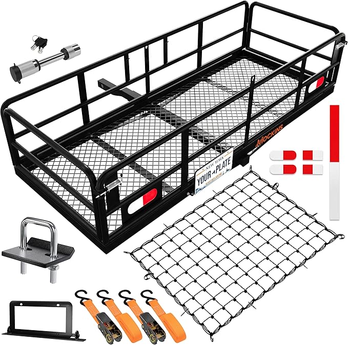 Mockins 60"x24"x14" High Rail Trailer Hitch Cargo Carrier w/Plate Bracket | All-Weather 500 Lbs. Cap Folding Luggage Rack for SUV Car & Truck | Cargo Racks for Trailer Hitch Storage w/ Accessories
