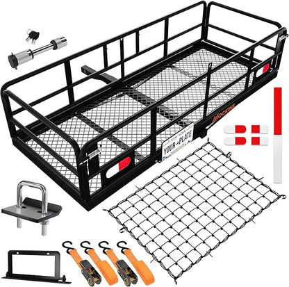 Mockins 60"x24"x14" High Rail Trailer Hitch Cargo Carrier w/Plate Bracket | All-Weather 500 Lbs. Cap Folding Luggage Rack for SUV Car & Truck | Cargo Racks for Trailer Hitch Storage w/ Accessories