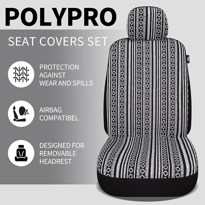 HAIYAOTIMES Baja Saddle Blanket Car Seat Covers Full Set with Seat Belt Pads, Washable Breathable Seat Covers for Cars, Universal Fit Interior Covers for Most Cars, Airbag Compatible, Black/White