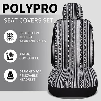 HAIYAOTIMES Baja Saddle Blanket Car Seat Covers Front Set with Seat Belt Pads, Washable Breathable Seat Covers for Cars, Universal Fit Interior Covers for Most Cars, Airbag Compatible, Black/White
