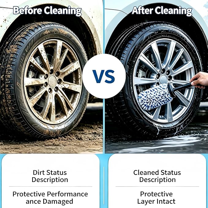 Wheel Barrel Brush, New Upgrade Car Wheel Cleaner Brush Long Handle Microfiber Wheel, Non Scratch Car Detailing Brushs for Rim Cleaning and Car Detailing (2 Pcs Black)