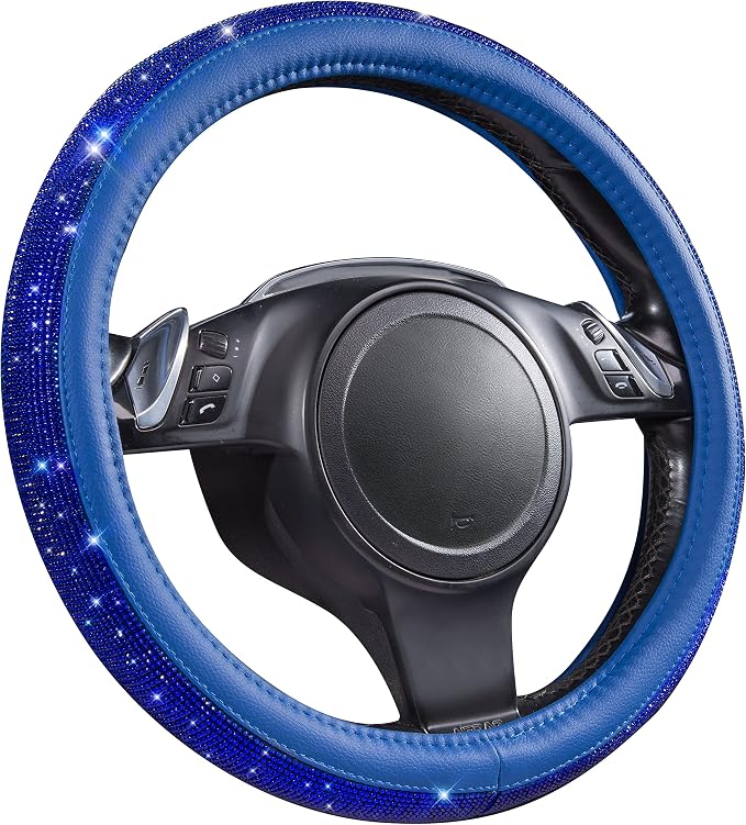 CAR PASS Bling Diamond Leather Steering Wheel Cover, with Bling Sparkly Crystal Glitter Rhinestones Universal Fit 14" 1/2-15" Car Wheel Protect for Women Girl Fit Suvs,Vans,Sedans,Cars,Trucks, Blue