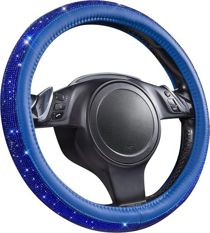 CAR PASS Bling Diamond Leather Steering Wheel Cover, with Bling Sparkly Crystal Glitter Rhinestones Universal Fit 14" 1/2-15" Car Wheel Protect for Women Girl Fit Suvs,Vans,Sedans,Cars,Trucks, Blue