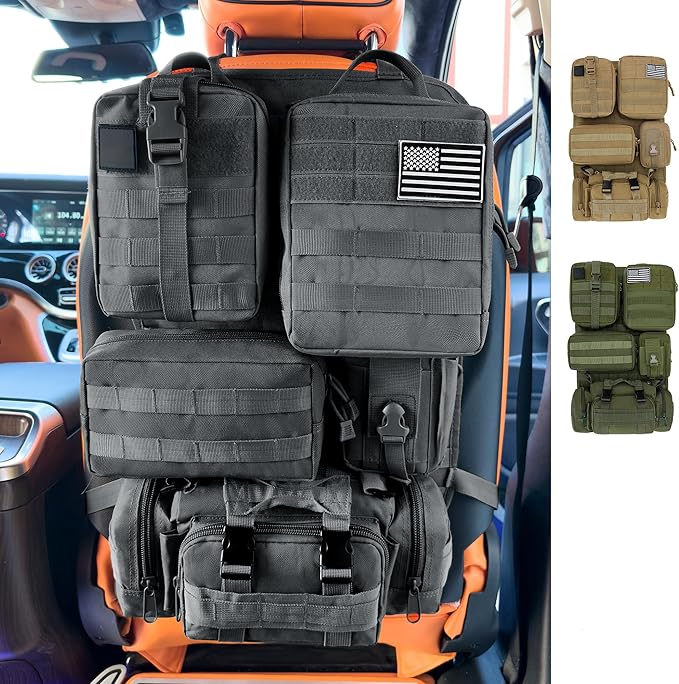 6 Pack Tactical MOLLE Car Seat Back Organizer - Universal Vehicle Storage Bag with 5 Detachable MOLLE Pouches, US Flag Patch & Keychain, Fits Jeep, Truck, SUV, Car (Black)