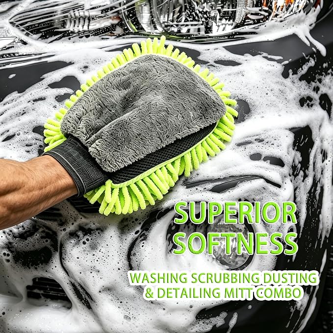 3 PCS Microfiber Car Wash Mitt, Microfiber Chenille Car Wash Sponge Glove for Car Washing and Detailing Scratch-Free, Lint-Free, Foam Gun, and Absorbent, Foam Scrubber, Cleaning Supplies