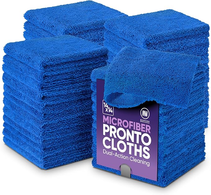 Microfiber Wholesale Pronto Cloths, Dual-Sided Microfiber Cleaning Towels, Soft Plush & Scrub Cloths for Dusting, Scrubbing, Kitchen, Windows & Car Detailing, Absorbent Bulk 50-Pack Blue