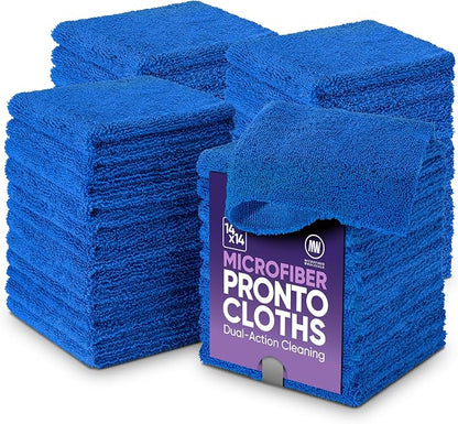 Microfiber Wholesale Pronto Cloths, Dual-Sided Microfiber Cleaning Towels, Soft Plush & Scrub Cloths for Dusting, Scrubbing, Kitchen, Windows & Car Detailing, Absorbent Bulk 50-Pack Blue
