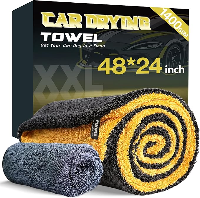 PUGPIU Microfiber Car Drying Towel Extra Large Super Absorbent 48"X24", 1400 GSM Flash Detail Car Wash Drying Towel Edgeless with Two Sided Soft Twisted-Loop, No Water Spots Streaks for Cars (Yellow)