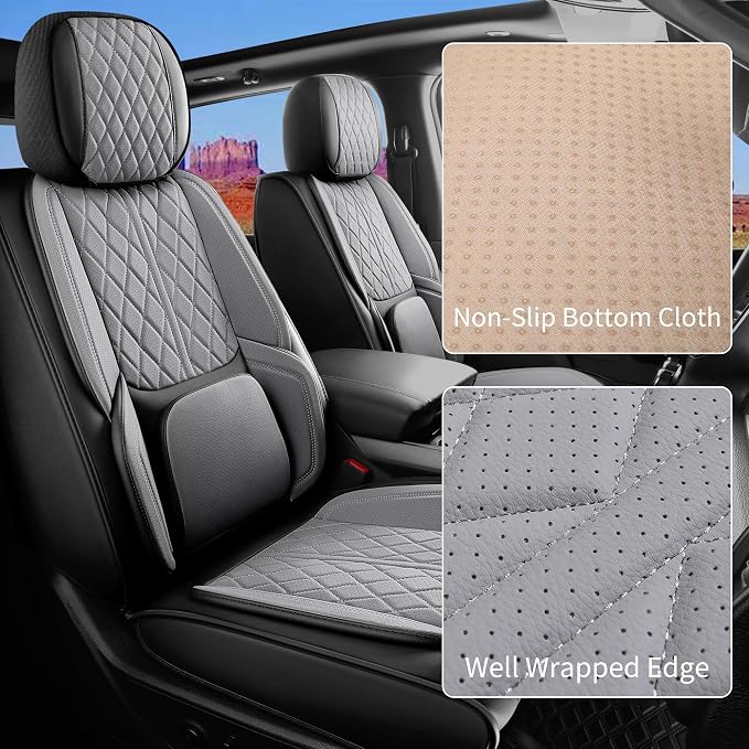 Custom Fit Chevy Silverado GMC Sierra 1500 2007-2026 2500/3500 HD Crew Cab Full Set Car Seat Covers - 5 Pack, Premium Faux Leather Truck Seat Protector with Airbag Compatible Design, BlackGrey