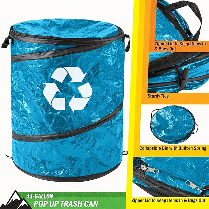 Wakeman Collapsible Trash Can - Pop Up 44-Gallon Outdoor Portable Garbage Bag Holder with Zippered Lid - Recycle Bin for Camping or Parties (Blue)