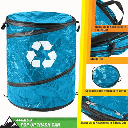 Wakeman Collapsible Trash Can - Pop Up 44-Gallon Outdoor Portable Garbage Bag Holder with Zippered Lid - Recycle Bin for Camping or Parties (Blue)