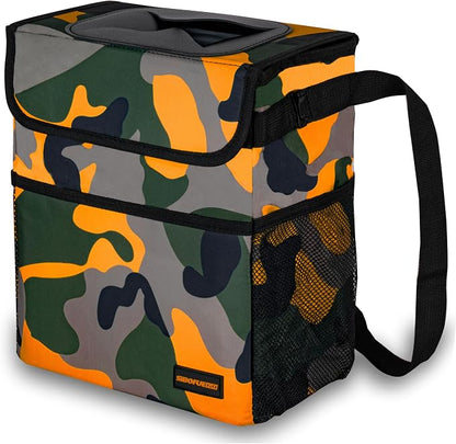 SIBOFUEGO Cute Car Trash Can with Lid – Multipurpose Collapsible Trash Bin for Car, Leak-Proof Organizer, Waterproof Garbage Can with Storage Pockets & Adjustable Straps, 2 Gallons (Camo Orange)