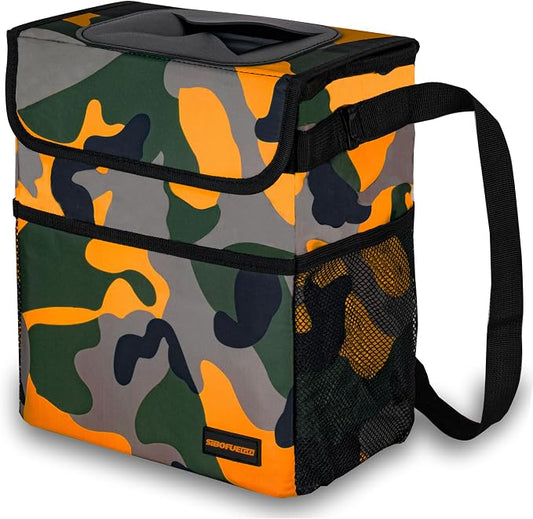 SIBOFUEGO Cute Car Trash Can with Lid – Multipurpose Collapsible Trash Bin for Car, Leak-Proof Organizer, Waterproof Garbage Can with Storage Pockets & Adjustable Straps, 2 Gallons (Camo Orange)