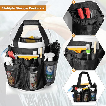 HODRANT 5 Gallon Bucket Organizer with Anti-fall Hooks & Buckle, Car Wash Bucket Caddy with Mesh Pockets, 5 Gallon Cleaning Tools Bag for Home, Auto, Garden & Fishing