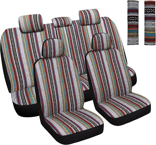 HAIYAOTIMES Baja Saddle Blanket Car Seat Covers Full Set with Seat Belt Pads, Washable Breathable Seat Covers for Cars, Universal Fit Interior Covers for Most Sedan Truck SUV, Airbag Compatible, Red