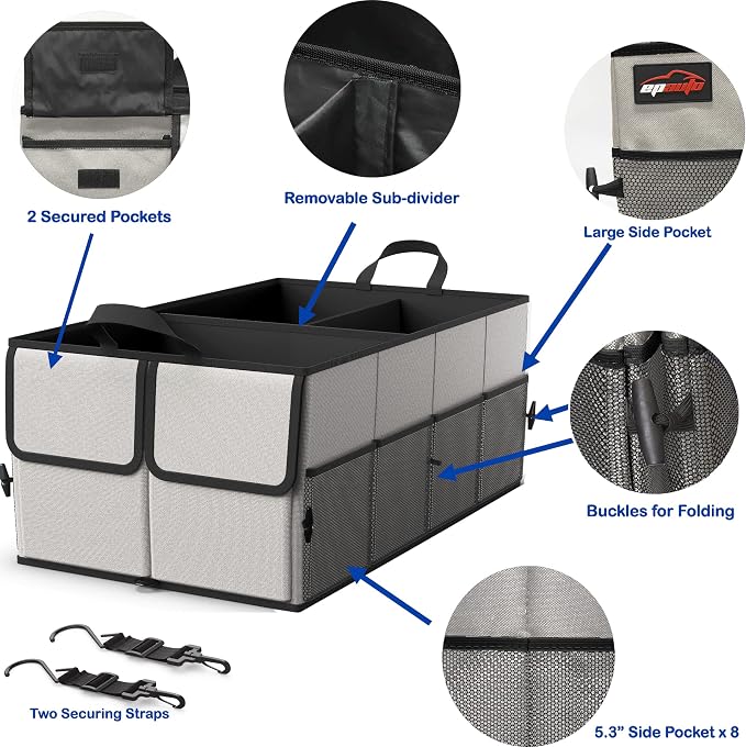 EPAuto Foldable Car Trunk Organizer for SUV, 3-Compartment with Removable Divider, Gray