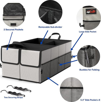 EPAuto Foldable Car Trunk Organizer for SUV, 3-Compartment with Removable Divider, Gray