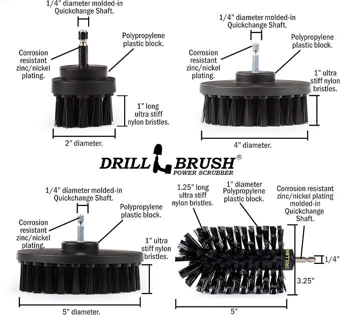 Drill Brush Power Scrubber by Useful Products - 5 Piece Black Drillbrush Ultra Stiff Cleaning Brushes Set - Non Metal Grill Brush Attachment Kit for Cordless Drill - Nylon Grill Grate Cleaner Brushes