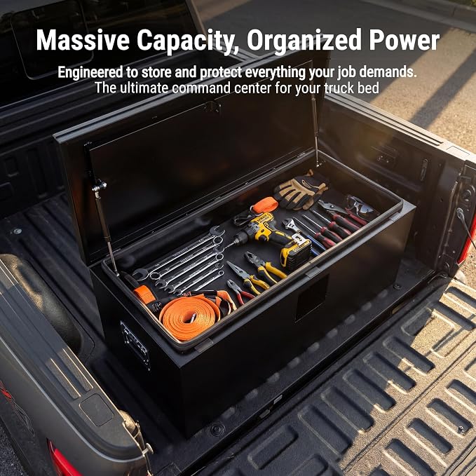 Heavy Duty Black Steel Truck Bed Tool Box, Trailer Tongue Storage Chest with Weatherproof Seal & Pneumatic Hinge for Pickup, RV, Utility Vehicles - 24 x 15 x 15